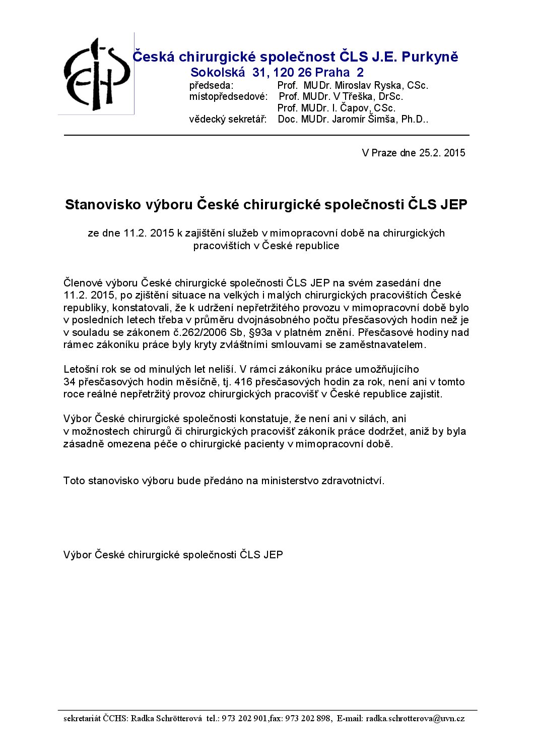 Stanovisko výboru České chirurgické společnosti ČLS JEP k zajištění služeb v mimopracovní době