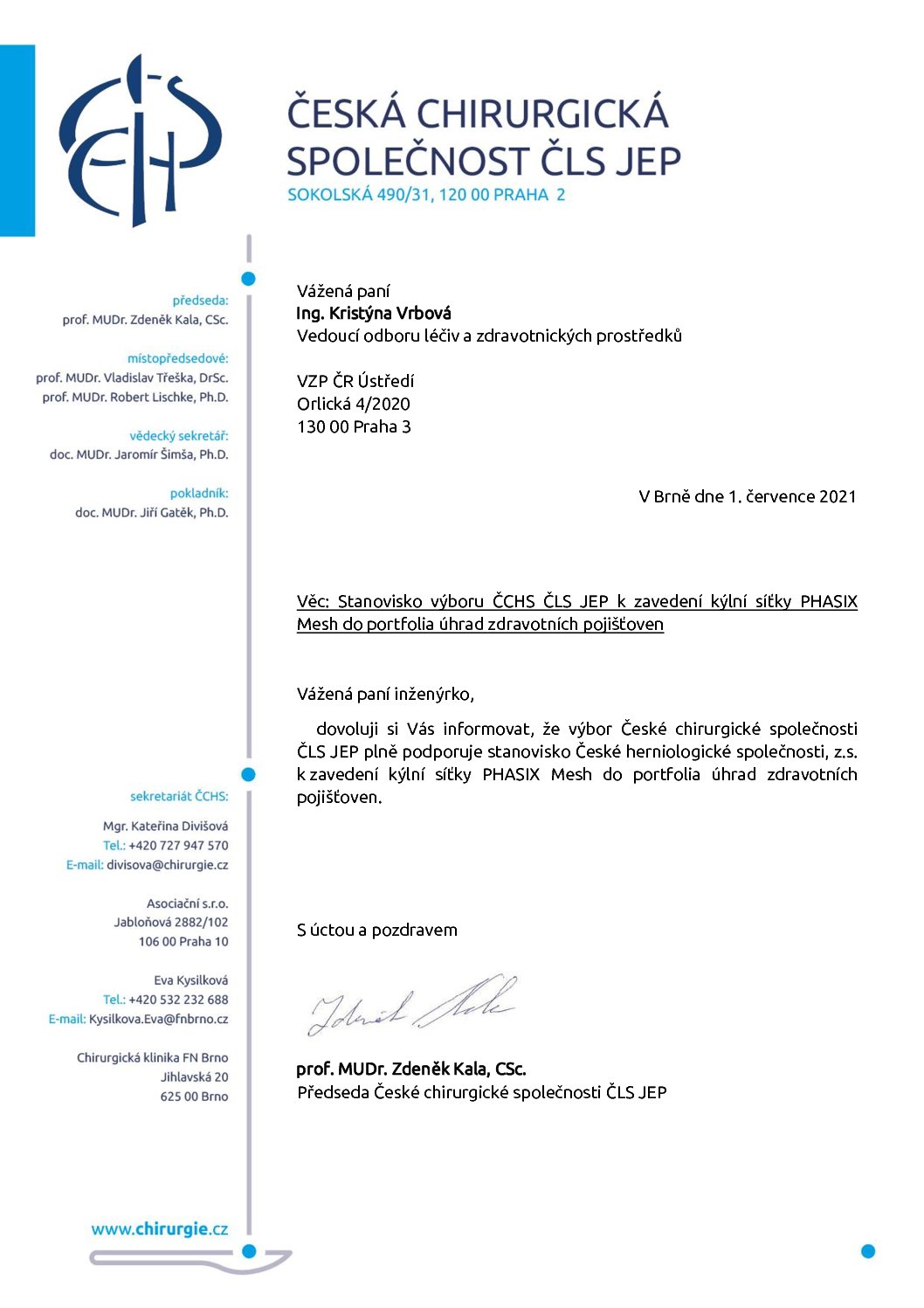Stanovisko výboru ČCHS ČLS JEP k zavedení kýlní síťky PHASIX Mesh do portfolia úhrad (1. 7. 2021)