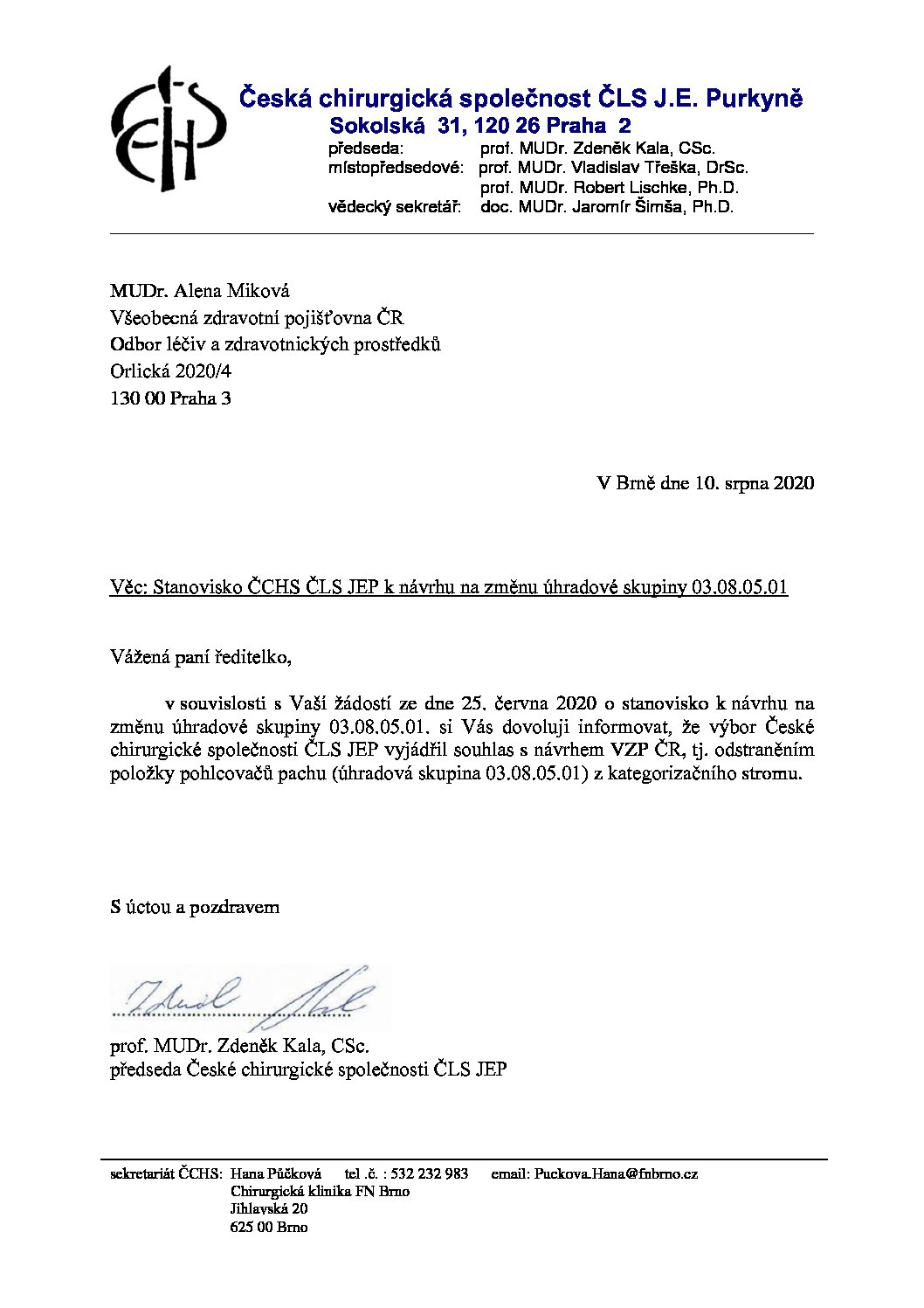 Stanovisko výboru ČCHS ČLS JEP k Návrhu VZP na změnu úhradové skupiny 03.08.05.01 (10. 8. 2020)