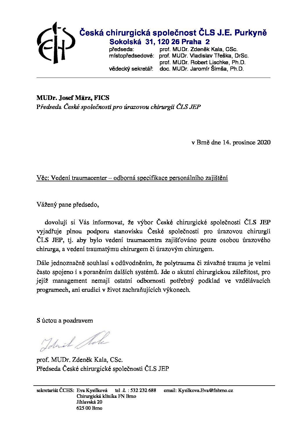 Stanovisko výboru ČCHS ČLS JEP k návrhu o změně podmínek v organizaci Traumacenter (14. 12. 2020)
