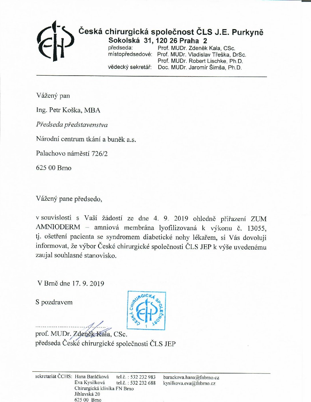 Stanovisko výboru ČCHS ČLS JEP k přiřazení ZUM Amnioderm k výkonu 13055 (17. 9. 2019)