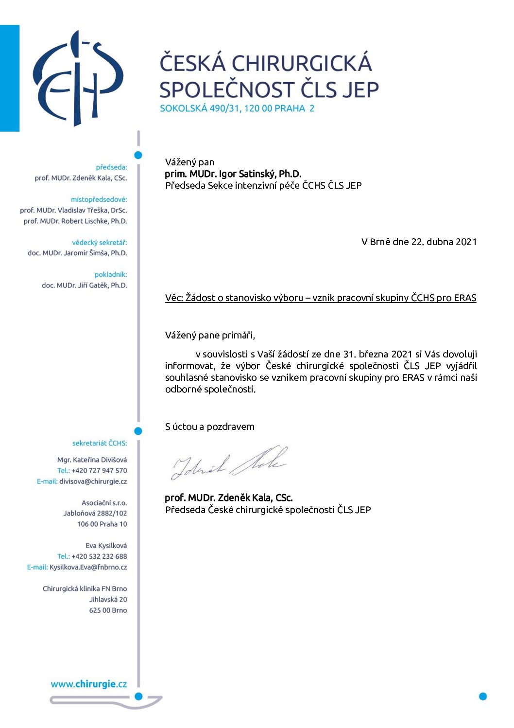 Stanovisko výboru ČCHS ČLS JEP – Vznik pracovní skupiny ERAS (22. 4. 2021)