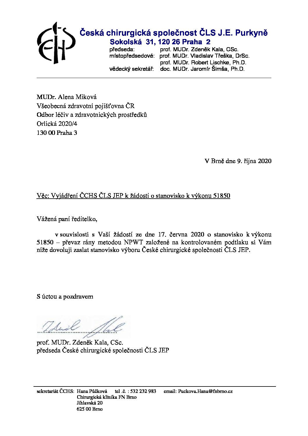Stanovisko výboru ČCHS ČLS JEP k žádosti VZP stran výkonu 51850 (9. 10. 2020)