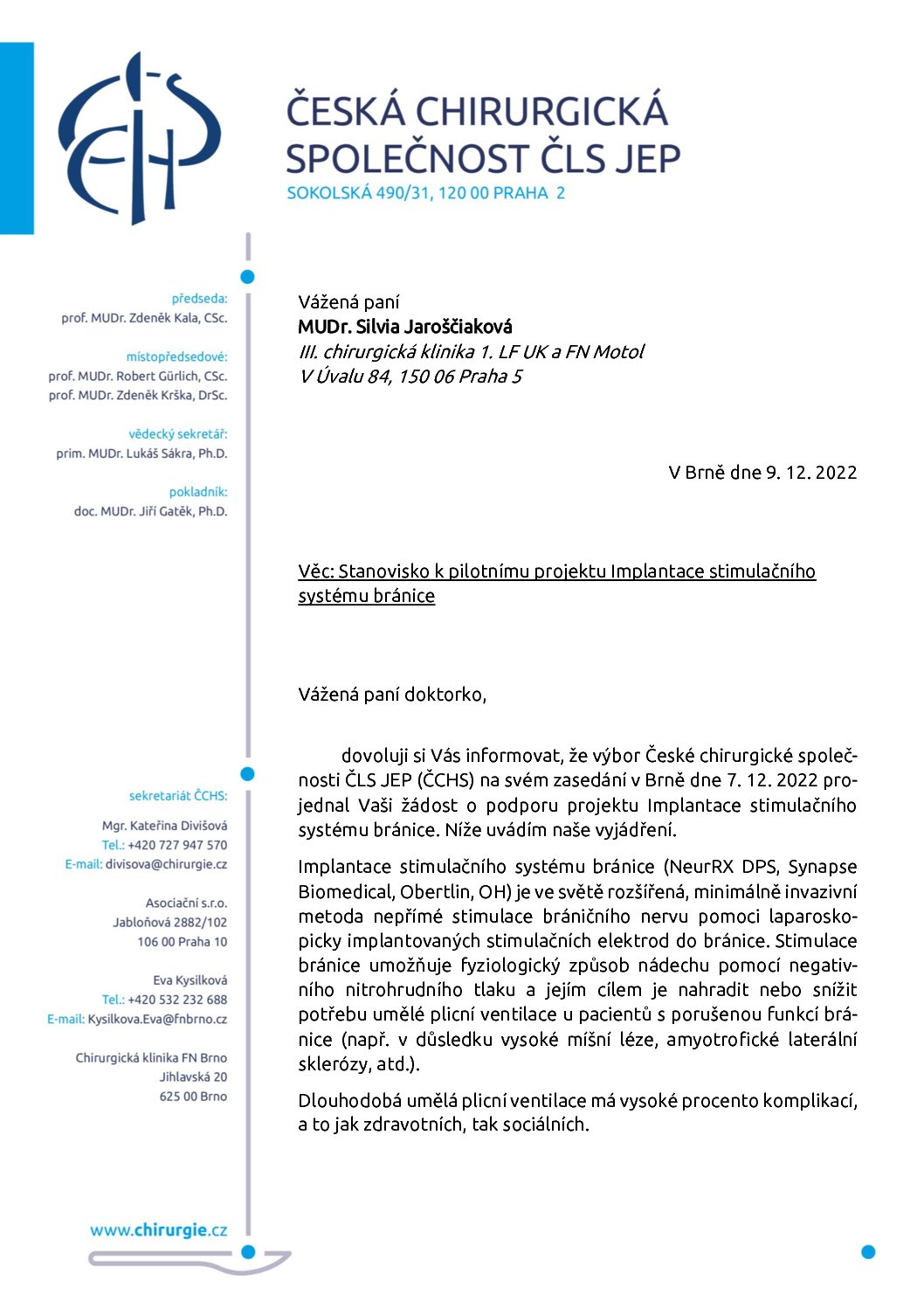 Stanovisko výboru ČCHS ČLS JEP k Implantaci stimulačního systému bránice (9. 12. 2022)