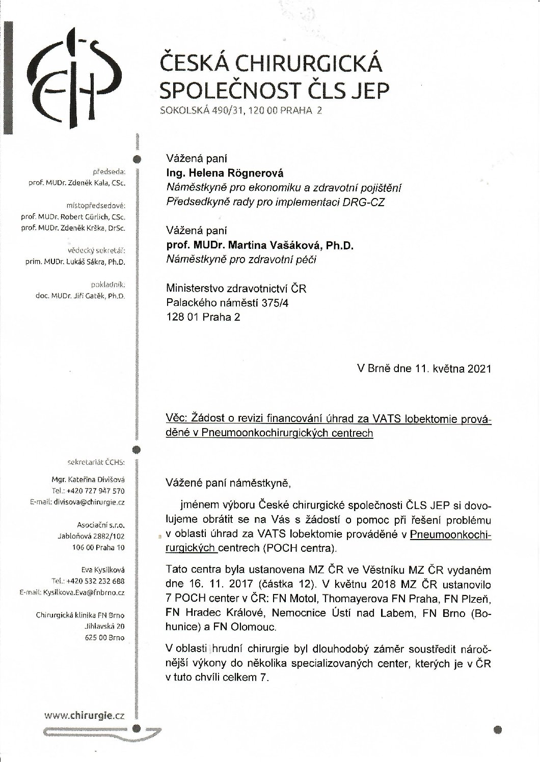 Stanovisko výboru ČCHS ČLS JEP k žádosti MZ ČR o revizi financování úhrad za VATS LE prováděné v POCH centrech (11. 5. 2021)