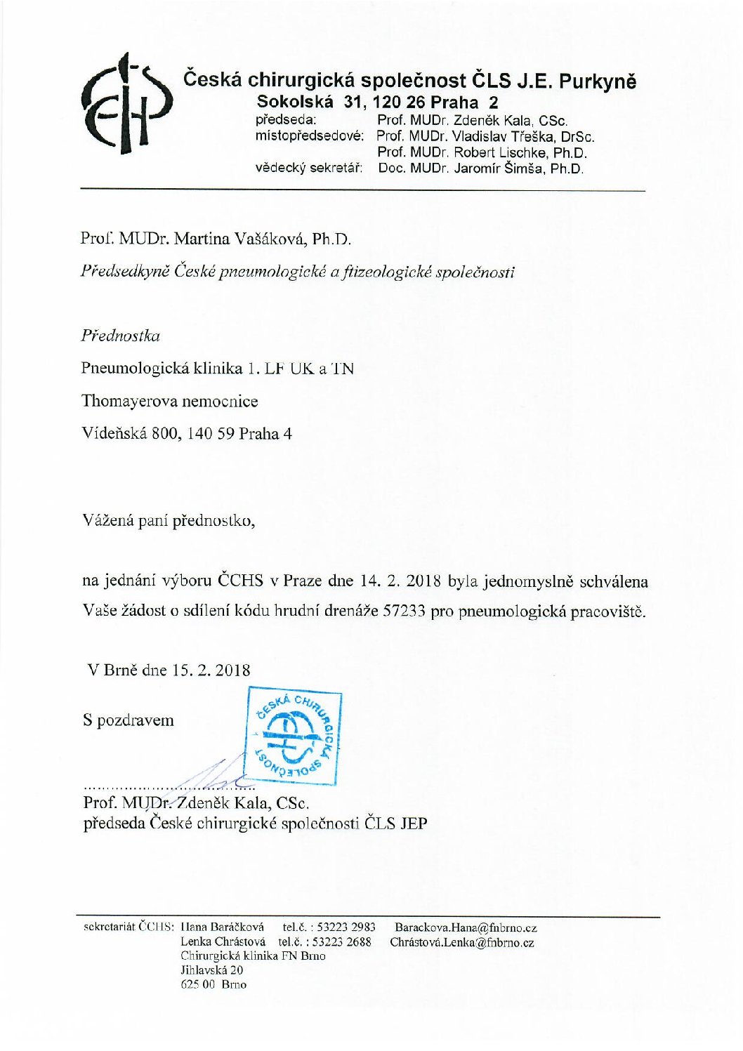 Stanovisko výboru ČCHS ČLS JEP k sdílení kódu hrudní drenáže pro pneumologická pracoviště (15. 2. 2018)
